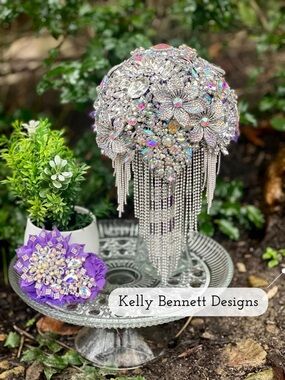 Purple, Silver and Iridescent Crystal Brooch Bouquet with Fringe
